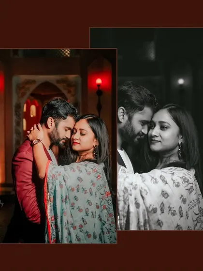A creative collage blending a color portrait with a black and white version. This artistic edit highlights the emotional depth and timeless quality of the couple's embrace.