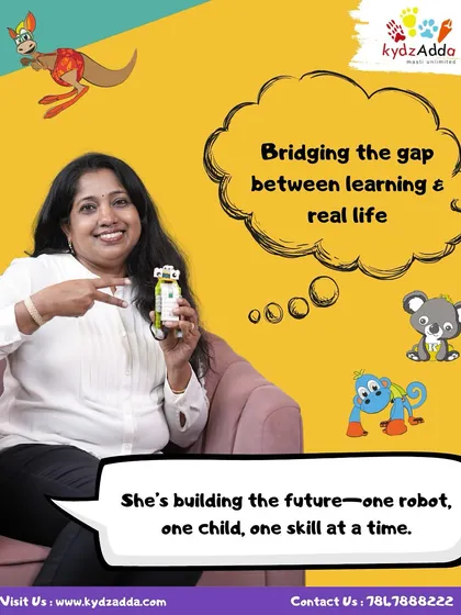 This graphic highlights the work of Ashwini Anil, a STEM educator featured on our podcast, who is dedicated to bridging the gap between classroom learning and real-life skills.