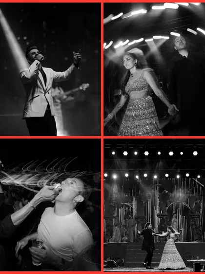 The Sangeet night in monochrome. This collage captures the essence of the party: a live performance, the couple's dance, and the unrestrained fun on the dance floor.