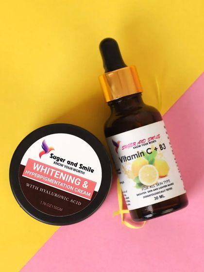 A colorful flat lay of two skincare products on a dual-tone pink and yellow background. This modern, graphic style is very effective for Instagram and other social platforms.
