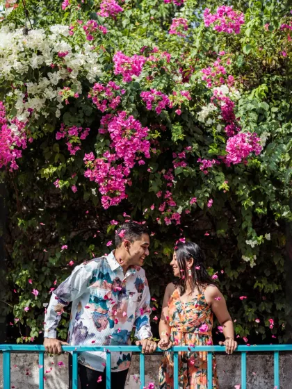 A vibrant and joyful moment under a canopy of bougainvillea flowers. The falling petals add a touch of magic to this colorful and happy couple portrait.