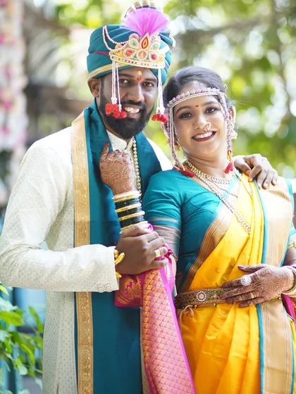 A beautiful portrait of the couple, wrapped in tradition and love. The bride's makeup is timeless, ensuring these photos will be cherished for a lifetime.