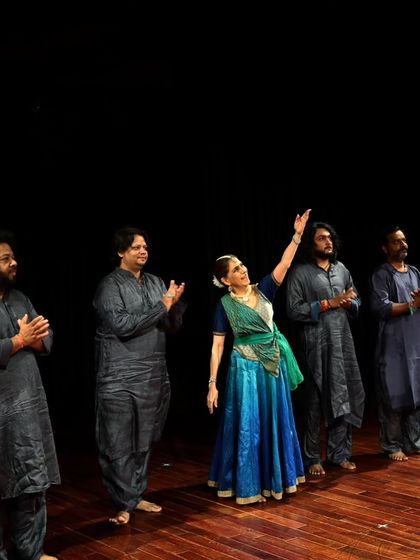 The finale of "Immersed," with Aditi Mangaldas and her troupe of musicians. Our dance productions are often accompanied by exceptional live music.