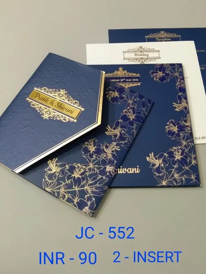 A classic navy blue invitation with gold foil floral accents. The design is elegant and timeless, perfect for a formal evening reception.