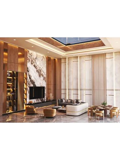 This grand living room showcases our expertise in creating luxurious and impressive spaces. We used a combination of wood and marble paneling, a statement TV unit, and a custom coffered ceiling with a skylight to achieve this magnificent result.
