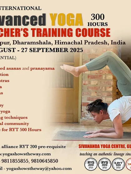 The official poster for our 300-Hour Advanced Yoga Teacher's Training Course in Palampur, detailing the comprehensive curriculum from advanced asanas to Vedanta.