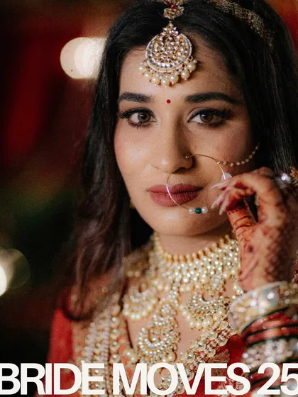 A striking close-up of the bride, edited with the text 'BRIDE MOVES 25'. This modern, edgy portrait highlights her confidence and stunning makeup.