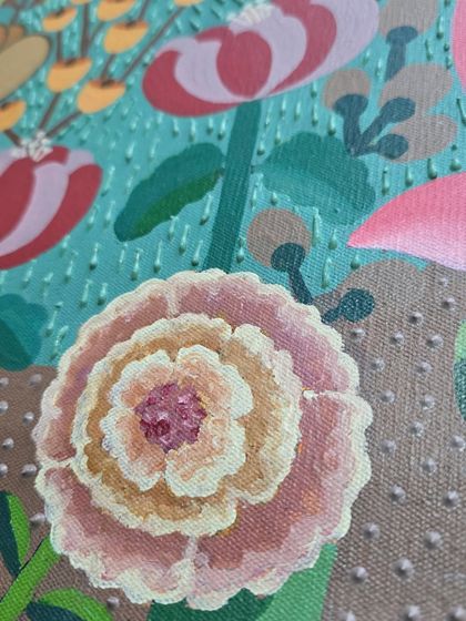 Here you can see the delicate layers of a pink flower against a textured background. Each petal is painted with care to create a sense of softness.