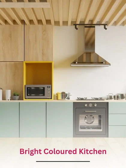 Modular kitchens can be designed in many styles. This concept shows a kitchen with bright yellow and mint green cabinets, creating a cheerful and energetic cooking space.