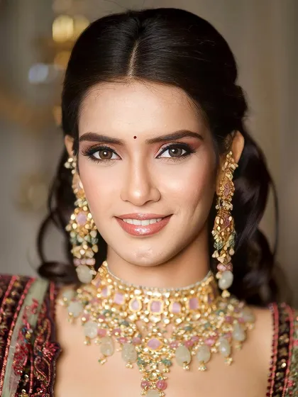 A beautiful smile completes this regal look. The glossy lips and radiant skin give her a fresh and youthful glow.