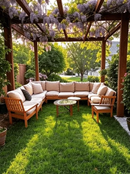 A rustic wooden pergola adorned with flowering wisteria vines. The natural grass floor and comfortable U-shaped sofa create a charming and organic garden lounge.