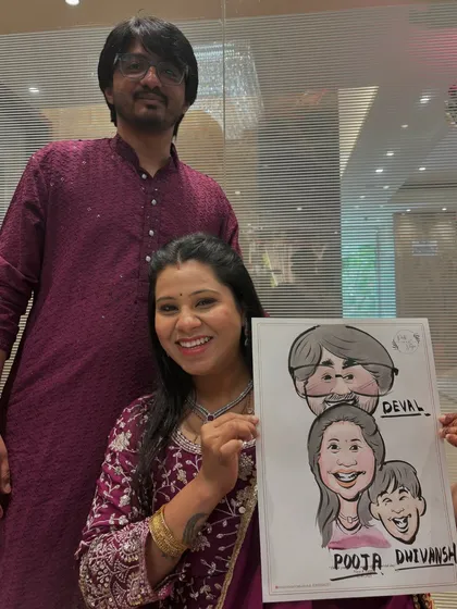 A family of three with their group caricature. It's a wonderful and unique alternative to a standard family photo.