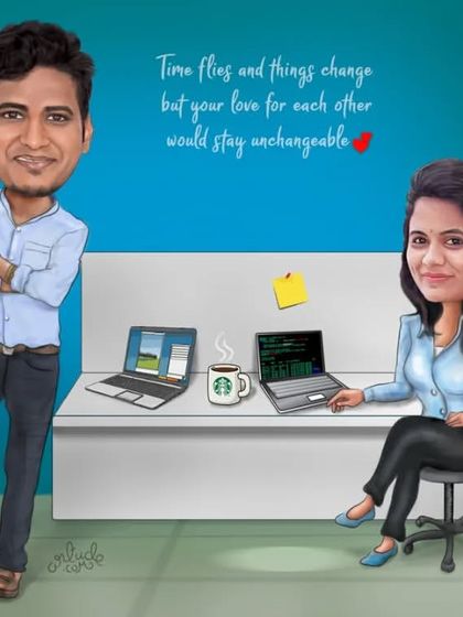 A digital caricature of a couple who work in the IT field, set in a modern office environment.