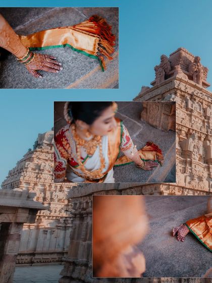 A detail-oriented collage focusing on the bride's henna-adorned hands and her elegant pose against the temple architecture, telling a story through smaller elements.