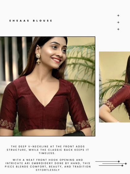 The Ehsaas blouse, featuring a deep V-neckline and intricate Ari embroidery on the sleeves. This piece blends comfort, beauty, and tradition effortlessly with its front hook opening.