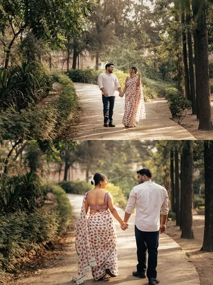 A collage showing a couple's walk through a wooded path. This captures the feeling of a journey taken together, surrounded by the tranquility of nature.