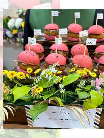 Pretty in pink. Our cocktail burgers feature vibrant pink buns and are served with mini flags, making them a fun and eye catching addition to any party menu.