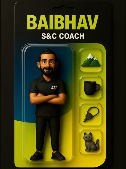 Meet S&C Coach Baibhav in action figure form. His starter pack includes mountains, coffee, and a cat, reflecting his unique quirks and relentless drive.