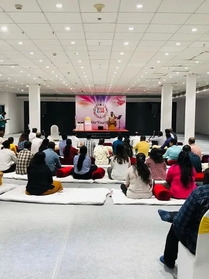 Another view of the large-scale corporate workshop we conducted. Music is a powerful tool for engagement and relaxation in a corporate setting.