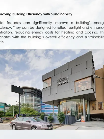 This image shows a building with a metal facade, illustrating how such materials can significantly improve a building's energy efficiency. They can be designed to reflect sunlight and enhance ventilation, reducing energy costs.