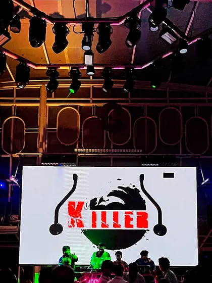 The full stage view at Gypsy Tower. You can see me and my team setting the vibe for the night, framed by my signature logo.