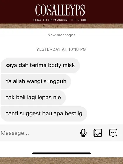 Another happy customer who received her body misk. She loved the scent so much she's already planning to buy more and asked for my suggestions on what to try next.
