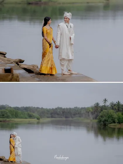A two-panel image showing both a close-up and a wider view of the couple by the river, offering different perspectives.