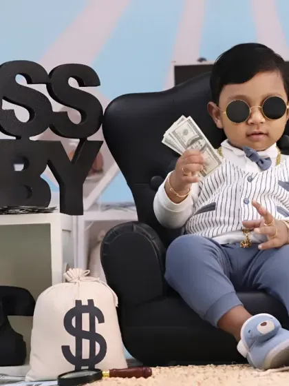 Our popular 'Boss Baby' theme is perfect for showing off your little one's big personality. We style the session with fun props like a tiny CEO chair, play money, and a vintage telephone to create a playful and memorable scene.