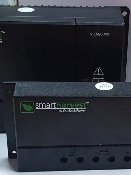 These are our SmartHarvest solar charge controllers, available in 5 amp and 20 amp models. A charge controller is a vital component that protects your battery and ensures your solar system runs efficiently.