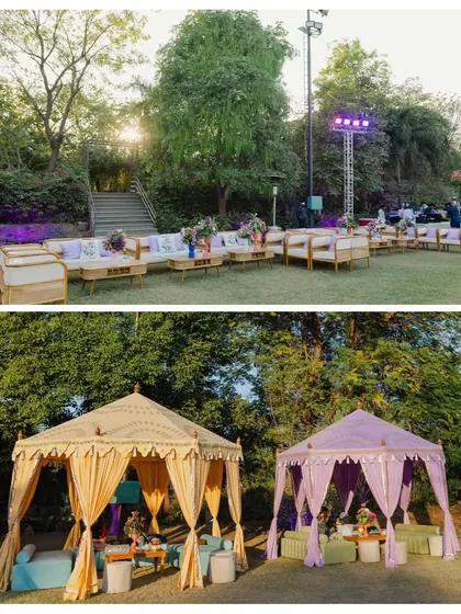 A wider view of the colorful tents and lounge areas, designed to provide guests with beautiful and comfortable spaces to relax and socialize.
