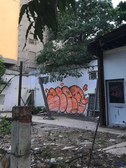 An orange throw-up in a derelict spot in Sarojini Nagar, Delhi. Finding and painting abandoned places is part of the guerrilla art culture.