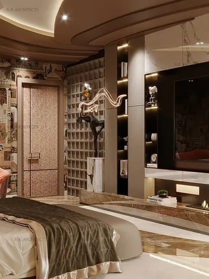 This space is a seamless blend of neo-classical and contemporary design. We used a statement marble wall, a tufted headboard, and a curved ceiling to create an inviting yet luxurious ambiance.
