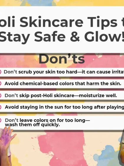 To keep your skin safe during Holi, don't scrub too hard, avoid chemical-based colors, and don't leave colors on for too long. A good post-Holi skincare routine is also a must.
