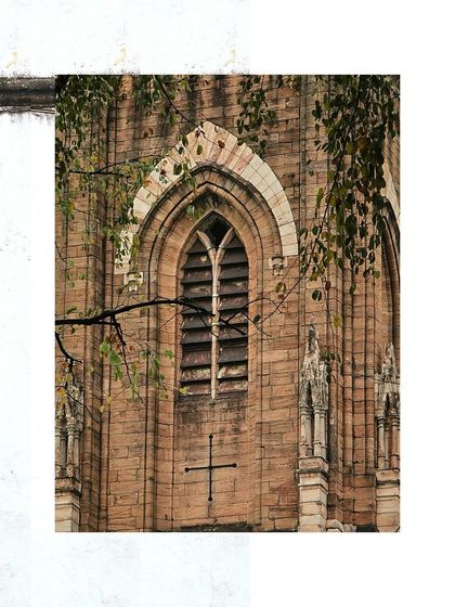 An artistic, layered shot of a church window, framed by textures and foliage.