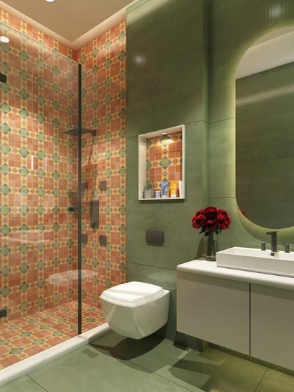 A bathroom designed with our patterned tiles. The seamless application from floor to shower wall creates a cohesive, boutique hotel feel. The vibrant colors and classic pattern add personality to the space.