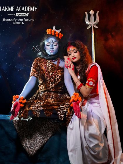 The divine couple, Shiva and Parvati. This look showcases the ability to create two distinct but complementary character makeups.