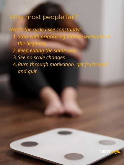 A common cycle of failure is starting with intense workouts while keeping the same diet. This leads to frustration and quitting when the scale doesn't change.