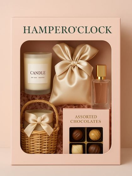A cute, AI-generated image showing some of our favorite hamper goodies in a doll-like trend. This features a candle, perfume, assorted chocolates, and a mini basket, representing the core of our pamper hampers.