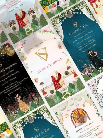 A collage showcasing the full wedding invitation suite for Samir and Vaishali. The collection features a variety of designs for each event, from traditional motifs for the wedding to glamorous illustrations for the cocktail night.