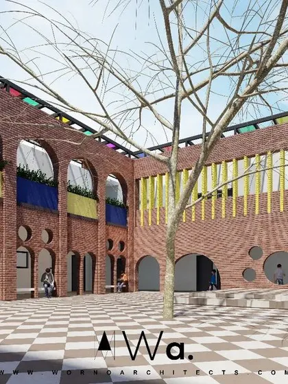 This render visualizes the transformation of a primary school courtyard into an intuitive and playful space for children. By using brick arches, circular cutouts, and a central tree, we aim to create a nurturing environment that encourages curiosity and connection with nature.