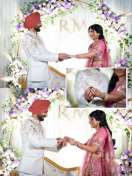 The ring ceremony during their fusion wedding. This collage captures the smiles and happiness as they exchange rings, surrounded by beautiful floral decor.
