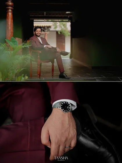 A collage of the groom, showing him relaxed and smiling, and a detail shot of his watch, capturing the small, personal elements of the day.