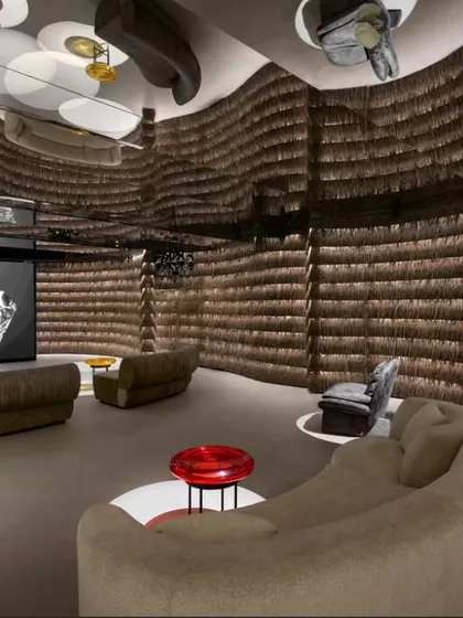 This is a private viewing lounge within the La Solitaire showroom. The walls are lined with thousands of pieces of scrap bamboo, creating a texture that is both raw and incredibly luxurious. It’s an example of how we use sustainable, upcycled materials to create an immersive brand story.
