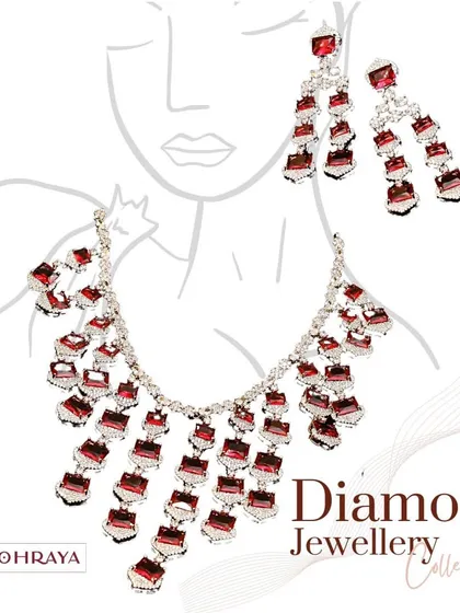 An artistic representation of our diamond and ruby waterfall necklace. This stunning piece is designed to cascade beautifully and catch the light.