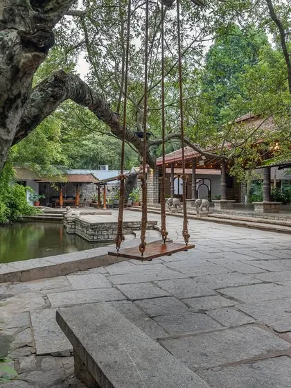 The iconic tree swing, seen here unadorned, is a beautiful feature in itself, hanging from a majestic branch over the stone-paved courtyard.