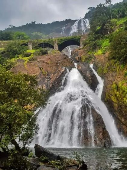 The lower part of Dudhsagar Falls, where the water collects in a powerful pool. It's a great spot for photos and to feel the power of the falls.