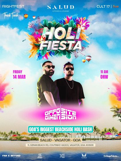 A poster for the DJ duo Opposite Dimension at the Goa Holi event. I ensure all artists, including duos and groups, receive professional promotional assets.
