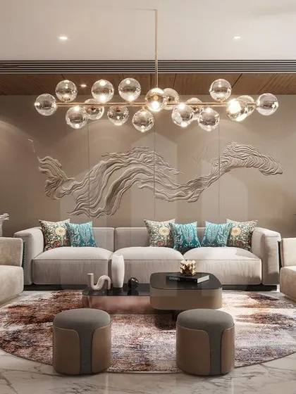 This living space is designed for luxurious comfort and sophisticated relaxation. We combined a neutral color palette with pops of teal, a stunning 3D wall sculpture, and a modern bubble chandelier to create a formal living room that is both classy and inviting, perfect for hosting guests or unwinding in style.