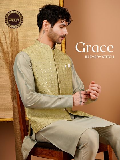 Grace in every stitch. A seated model in a lime green textured Nehru jacket, adjusting his cuffs, showcasing the outfit's perfect tailoring.
