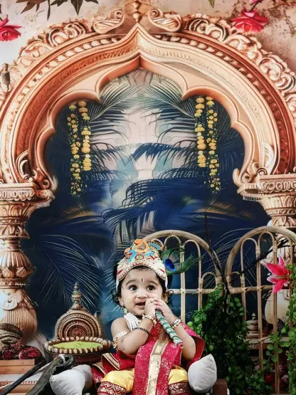 This little Krishna seems to be sharing a secret with his flute, creating a charming and imaginative portrait.